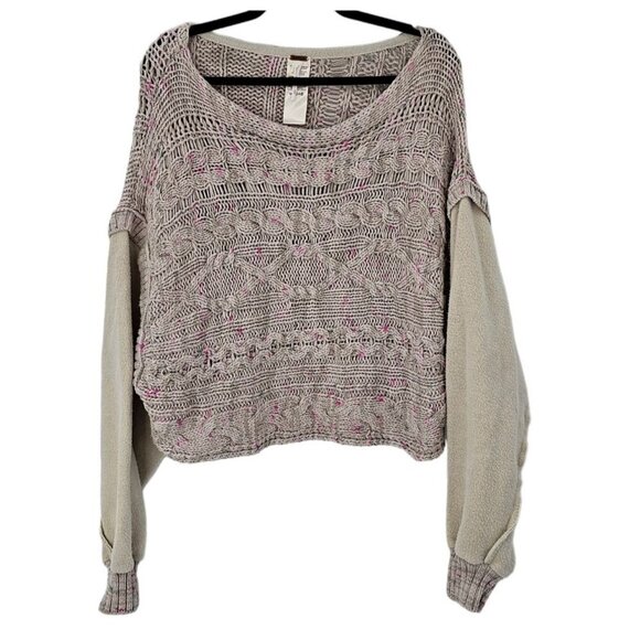Free People Sweater Medium Cable Knit Fleece Layer Gray Scoop Neck Slouchy - Picture 9 of 9